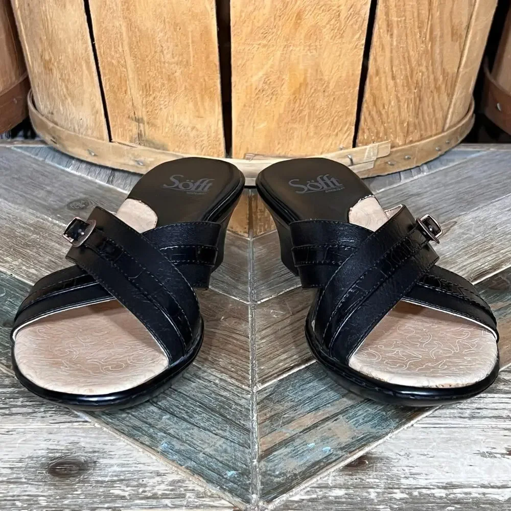 Sofft Black Leather Charm Criss Cross Slide Demi-Heel Sandals Womens Size 6
